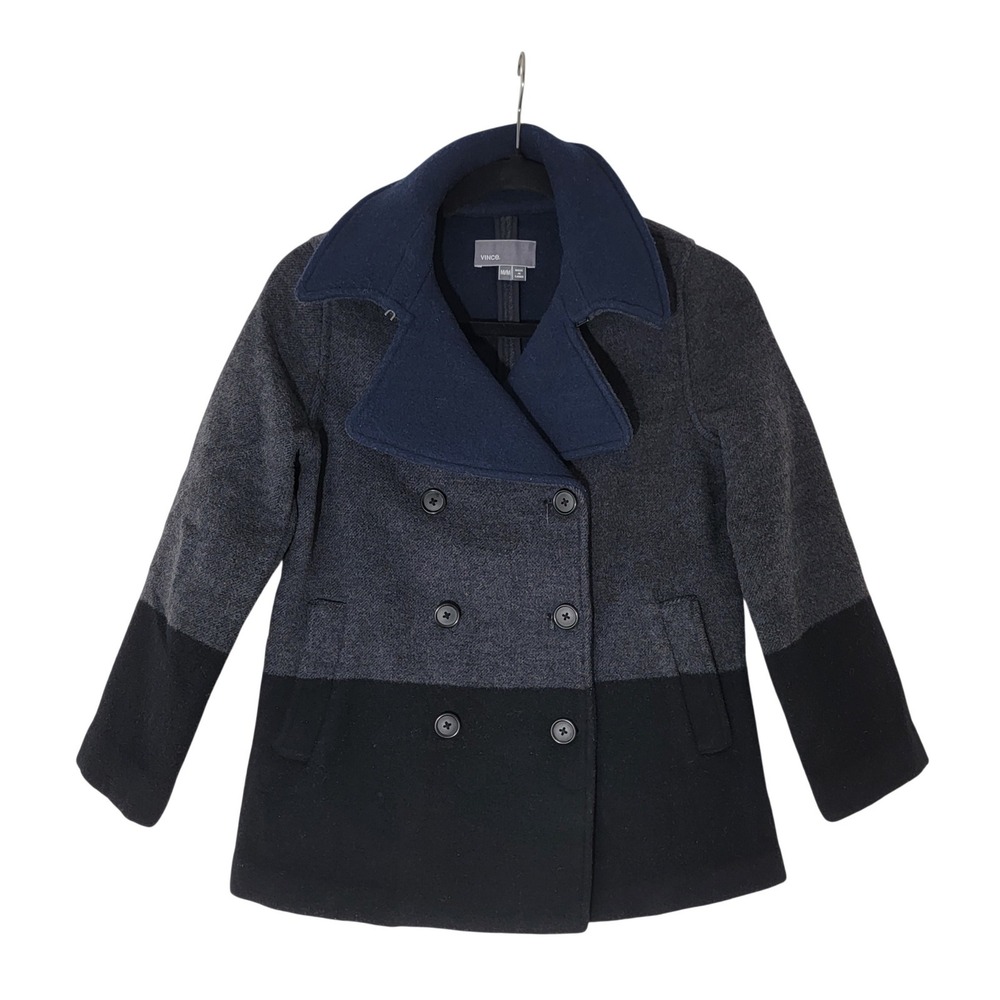 Vince‎ Kids Wool Blend Colorblock Double Breasted Peacoat Navy Grey Black Size M